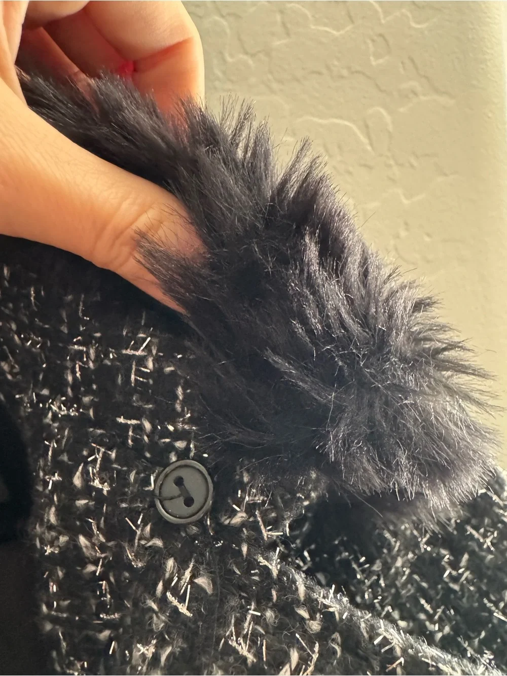 Girls' Black Tweed Pea Coat with Faux Fur Collar